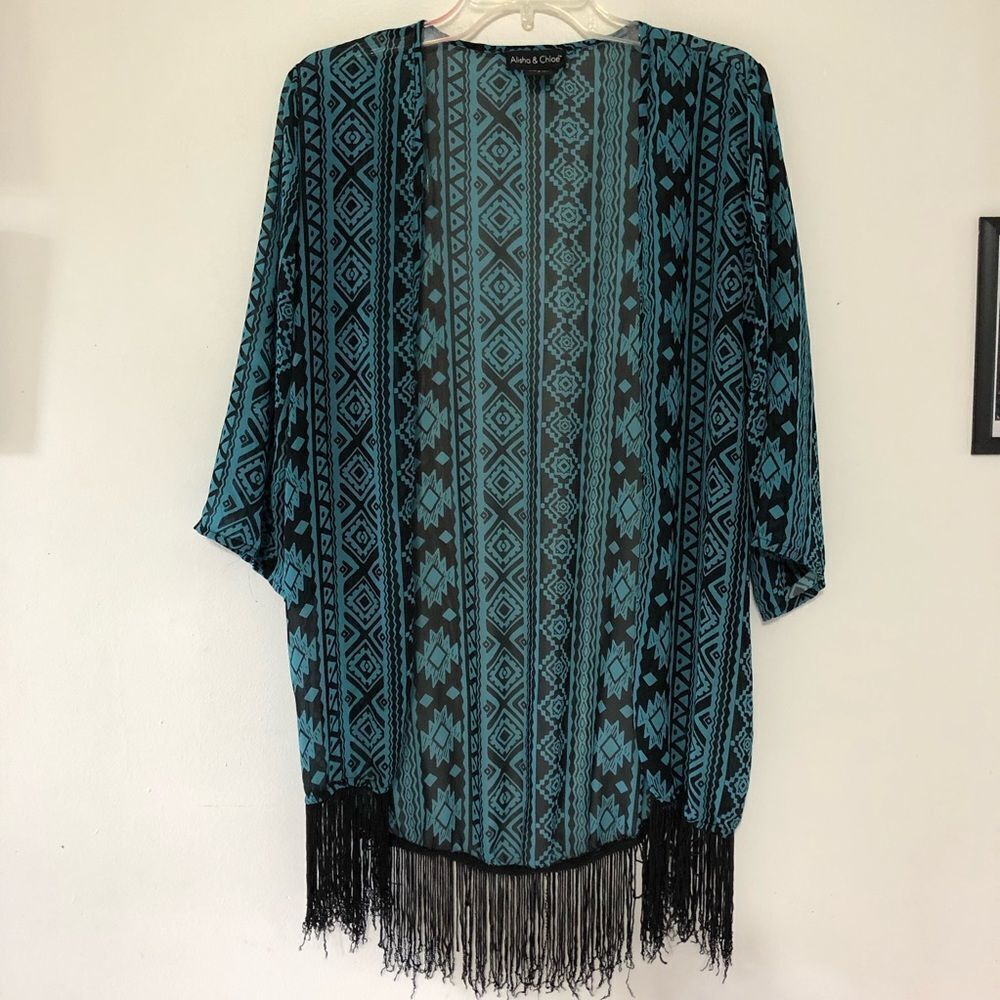 Alisha & Chloe blue/black sheer cardigan w fringes